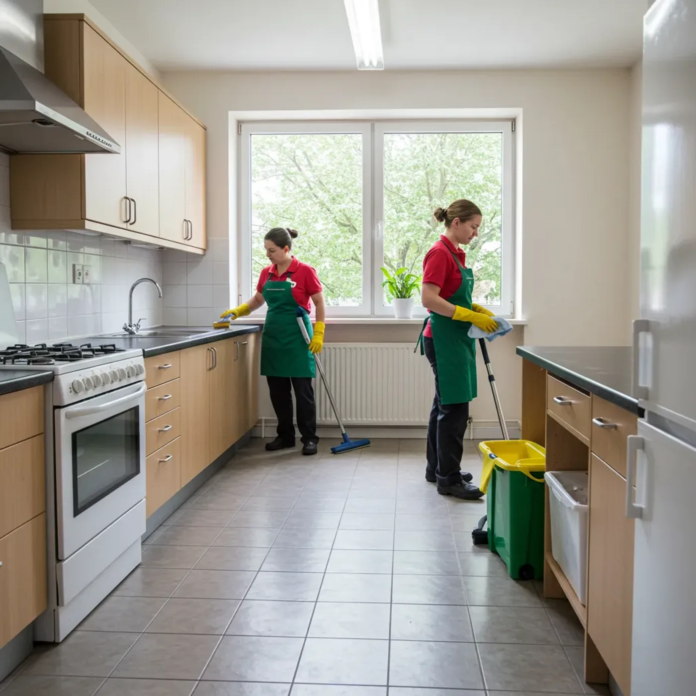 Mid-Valley cleaning team wiping counters and mopping a bright kitchen